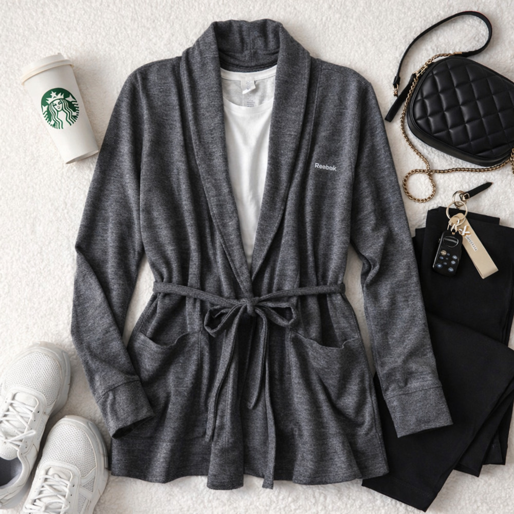 Reebok Wrap Cardigan Medium Gray Tie Waist Athleisure Cozy Lightweight